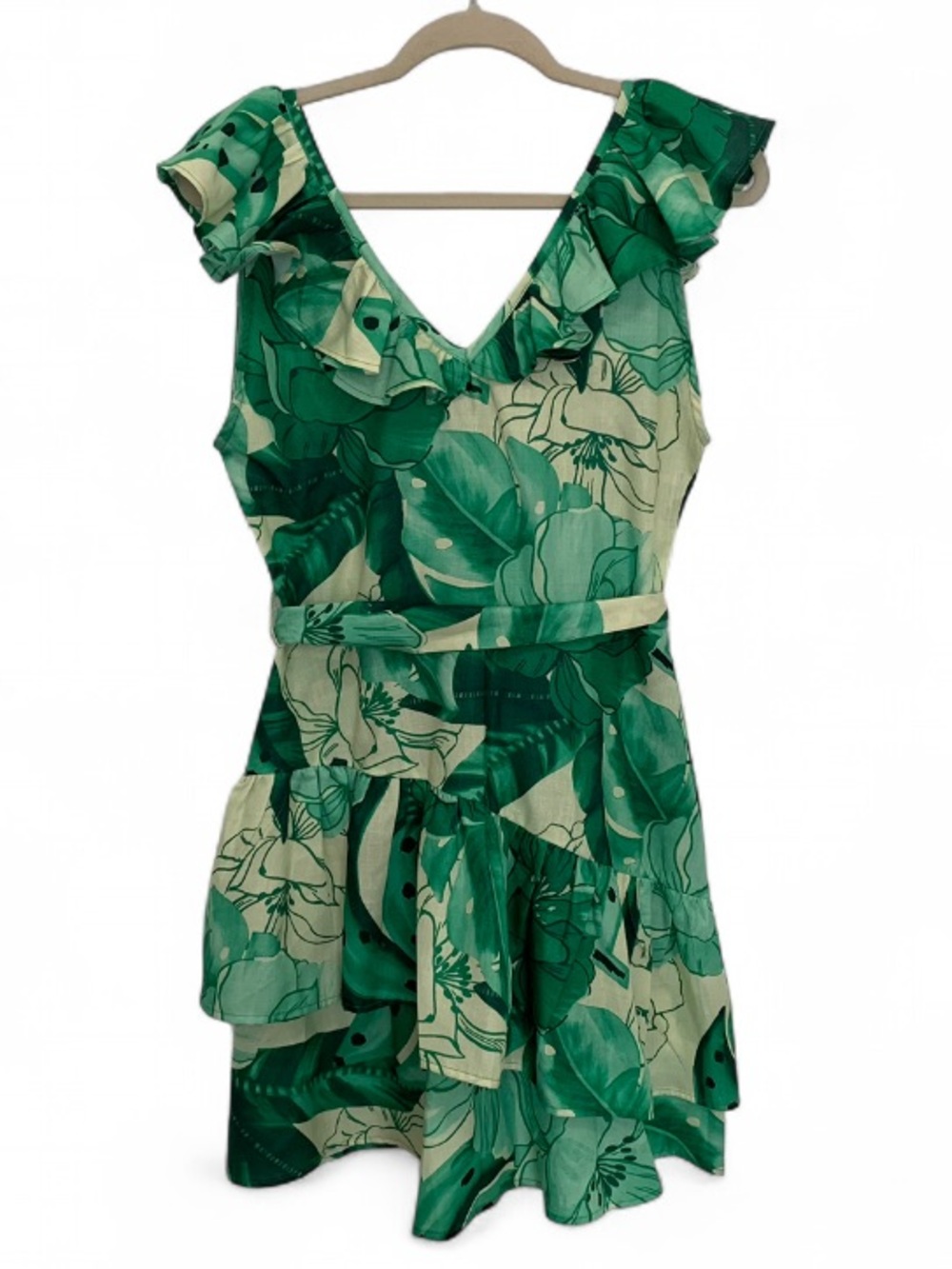 HT 360 Collective Nordstrom Green Floral Ruffle V-Neck Mini Dress